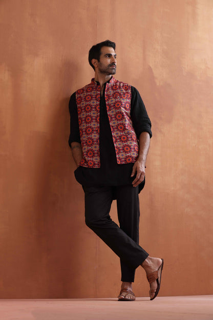 trueBrowns Men's Black Textured Cotton Dobby Short Kurta - Distacart