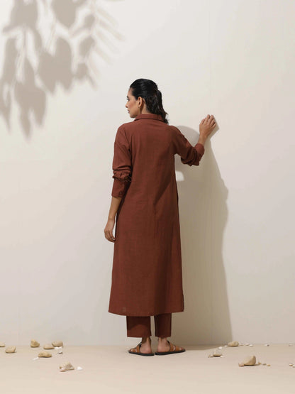 trueBrowns Brown Cotton Linen Kurta Pant Set - Distacart