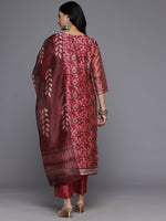 Thumbnail for Varanga Women Maroon Floral Printed Kurta, Round Neck Straight Kurta Paired With Tonal Bottom And Printed Dupatta - Distacart