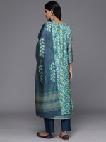 Thumbnail for Varanga Women Blue Floral Printed Kurta, Round Neck Straight Kurta Paired With Tonal Bottom And Printed Dupatta - Distacart