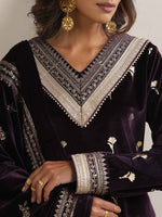 Thumbnail for trueBrowns Wine Velvet Floral Embroidered Kurta Pant Dupatta Set - Distacart