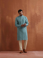 Thumbnail for trueBrowns Men's Green Textured Cotton Dobby Kurta