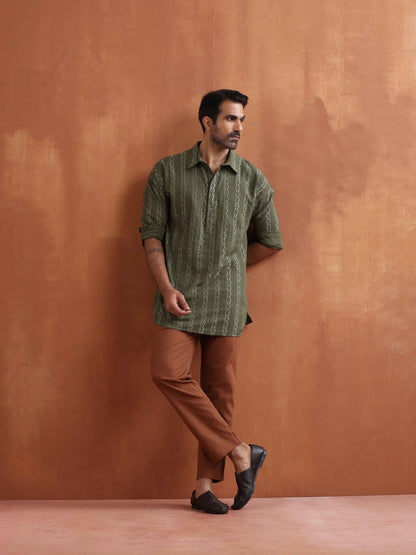 trueBrowns Men's Olive Green Cotton Dobby Short Kurta - Distacart