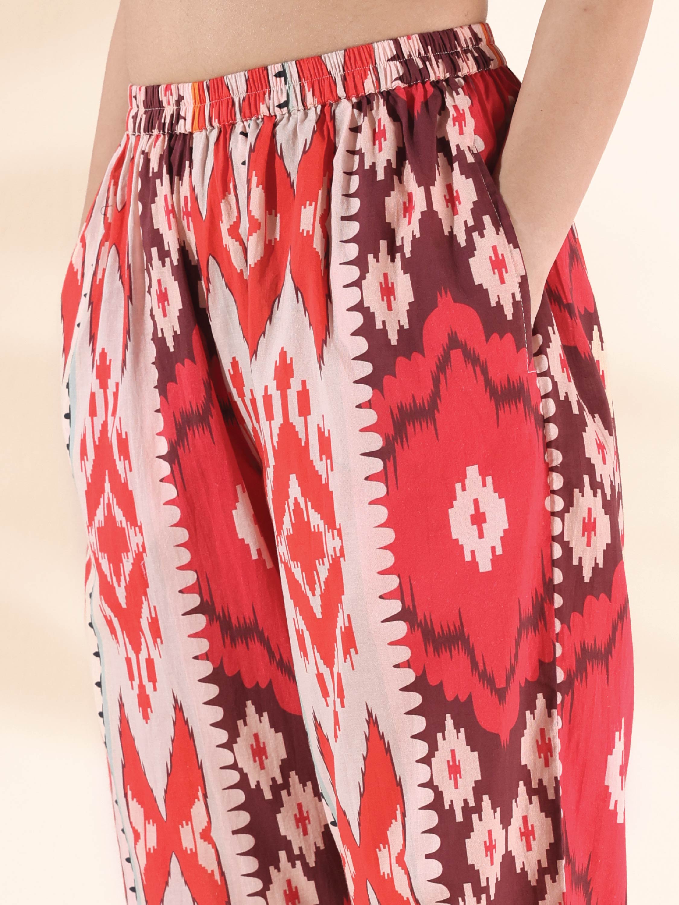 trueBrowns Maroon Cotton Ikat Flared Co-ord Set - Distacart