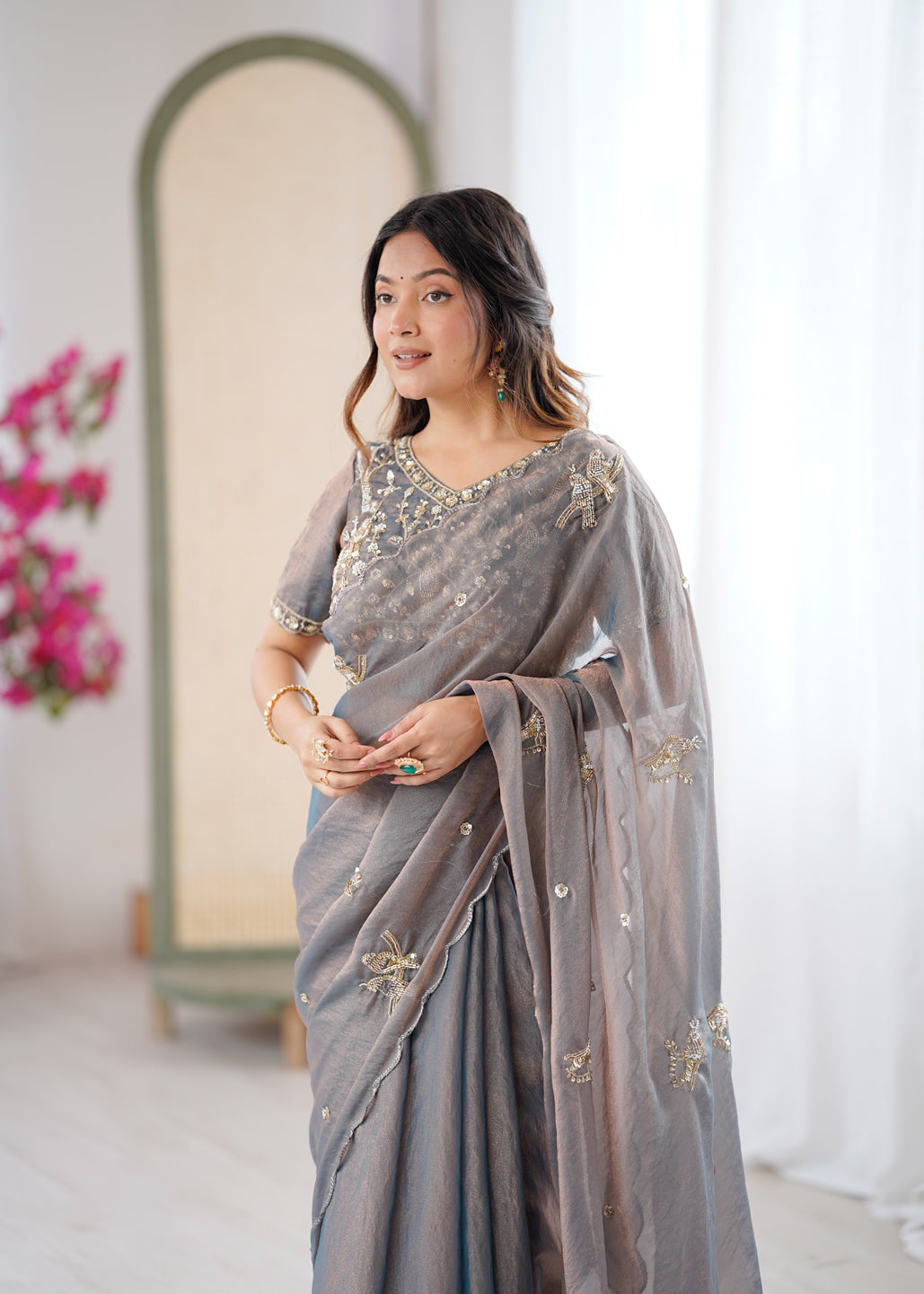Evanik Grey Mos Silk With Handwork Butterfly Design Saree With Unstitched Blouse