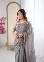 Thumbnail for Evanik Grey Mos Silk With Handwork Butterfly Design Saree With Unstitched Blouse