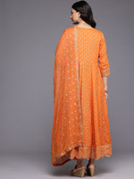 Thumbnail for Varanga Women Orange Mirror And Thread Embroidered,Zari Embellished Scalloped Schiffli Anarkali Kurta Paired Wirh Printed Bottom And Embroidered Dupatta - Distacart