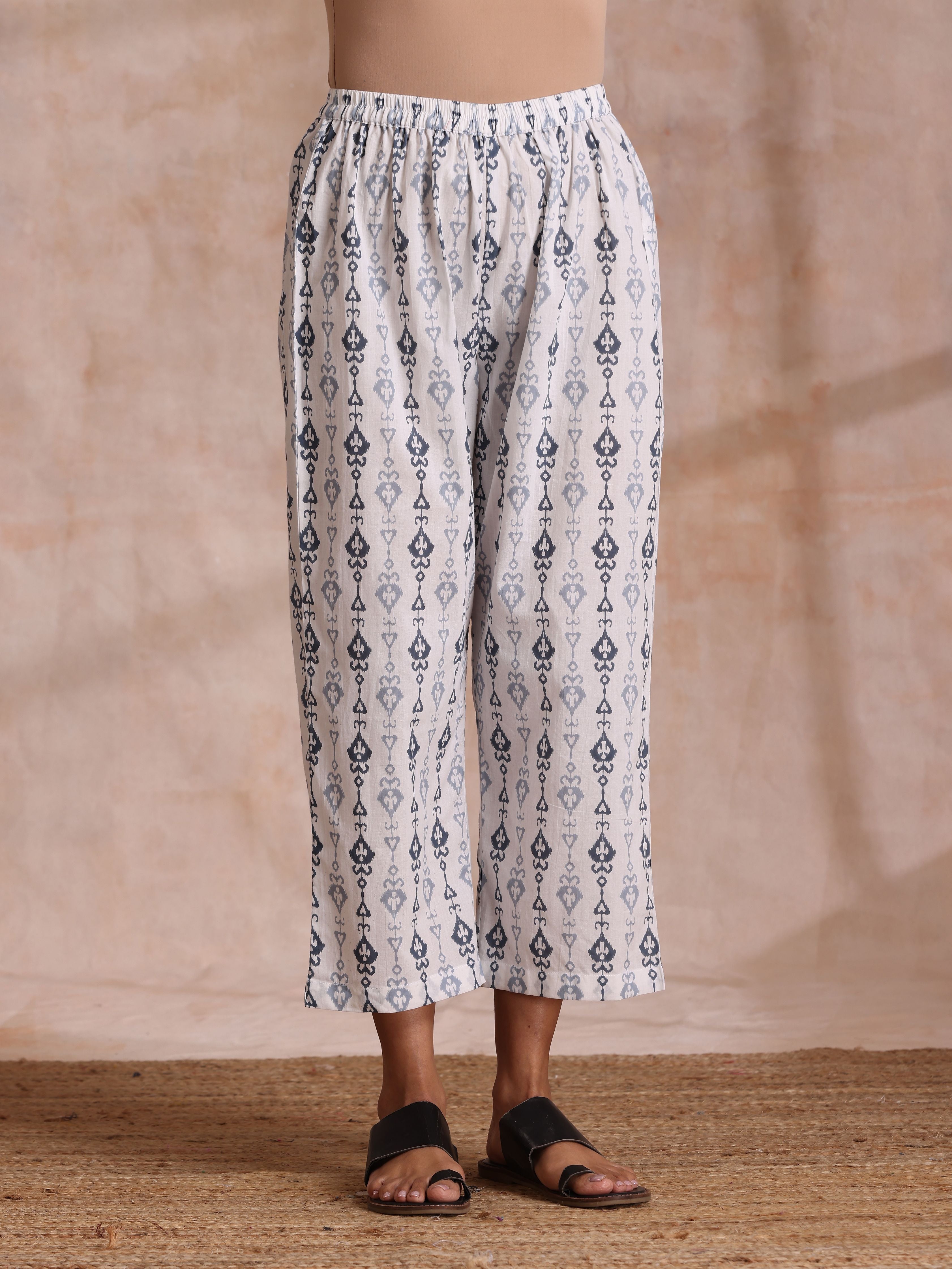 trueBrowns Grey On White Ikat Print Cotton Baggy Sleeve Co-Ord Set - Distacart