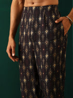 Thumbnail for trueBrowns Men's Black Tonal Ikat Muslin Silk Printed Co-ord Set - Distacart