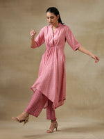 Thumbnail for trueBrowns Light Mauve Bandhani Printed Silk Handkerchief Kurta Pant Set - Distacart