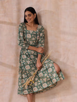 Thumbnail for trueBrowns Fern Green Overall Floral Block Print Cotton Square Neck Dress - Distacart