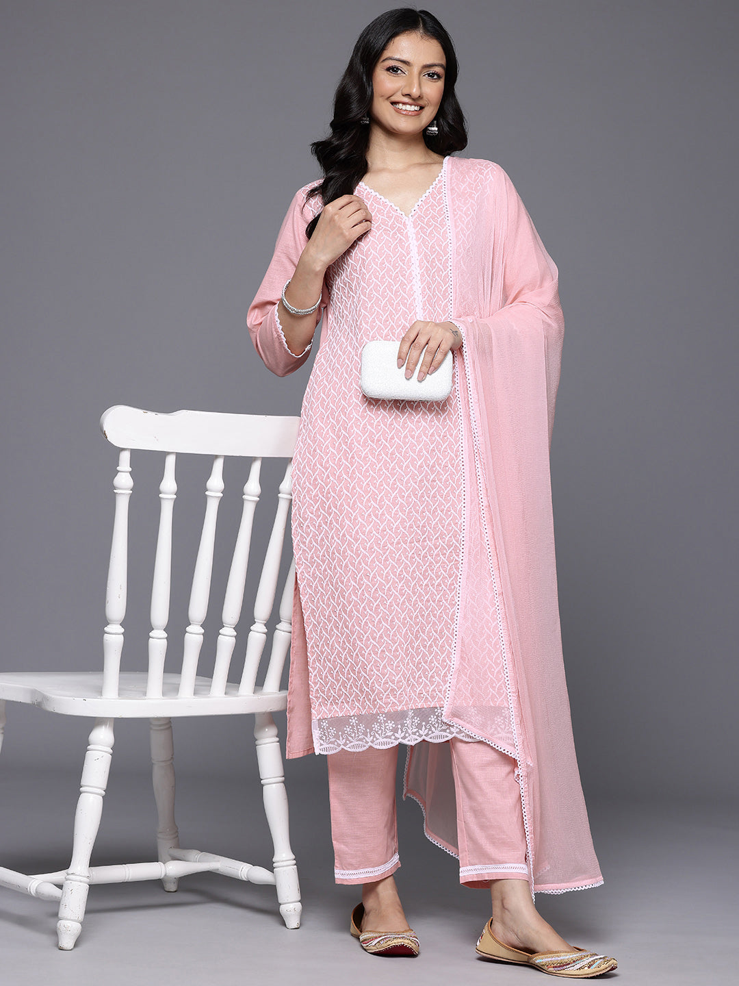 Varanga Women Peach V Neck Chickankari Embroidered Kurta With Tonal Bottom And Chiffon Dupatta