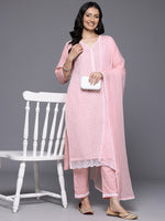 Thumbnail for Varanga Women Peach V Neck Chickankari Embroidered Kurta With Tonal Bottom And Chiffon Dupatta