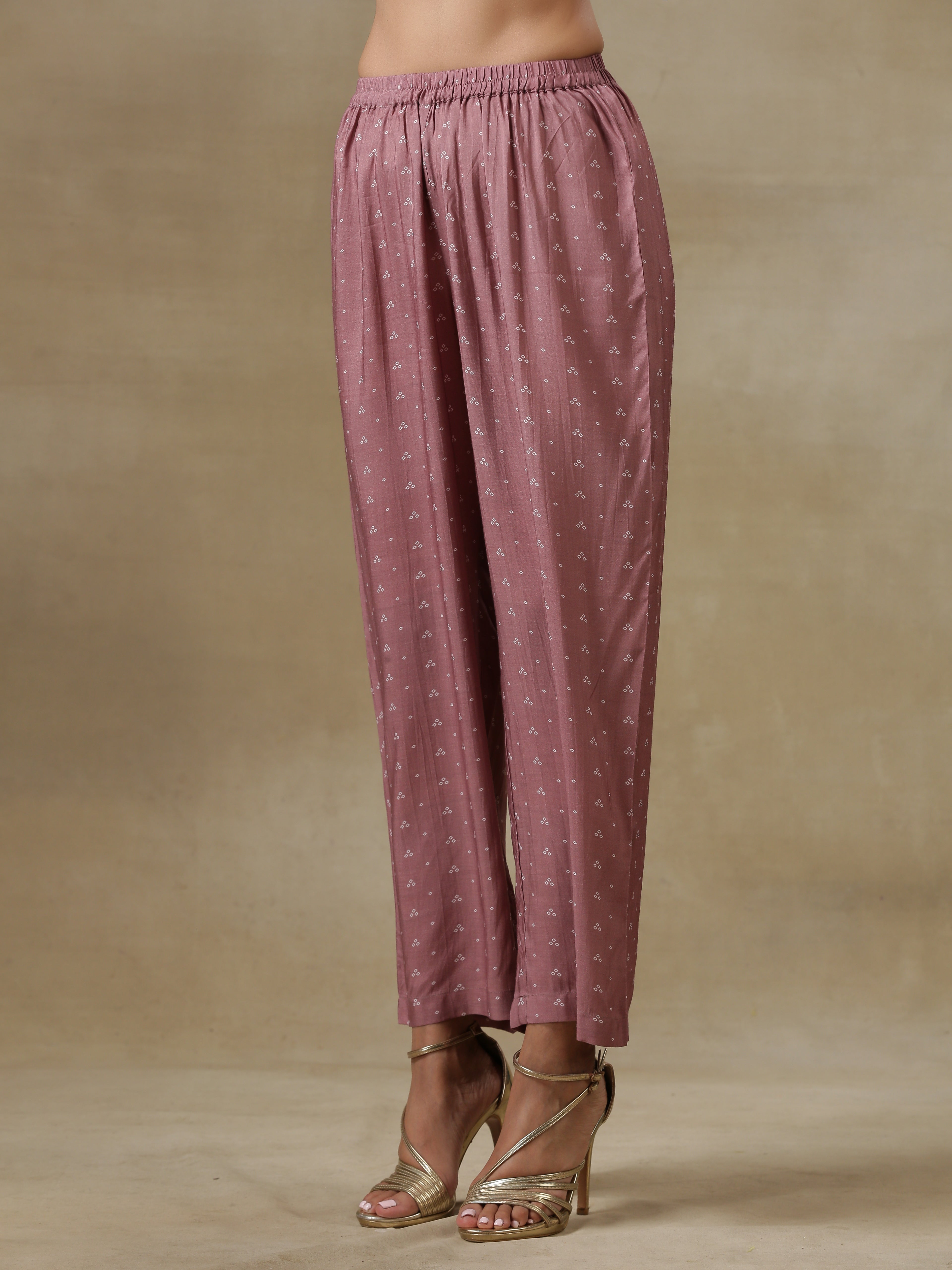 trueBrowns Dark Mauve Bandhani Printed Silk Front Slit Kurta Pant Set | Relove