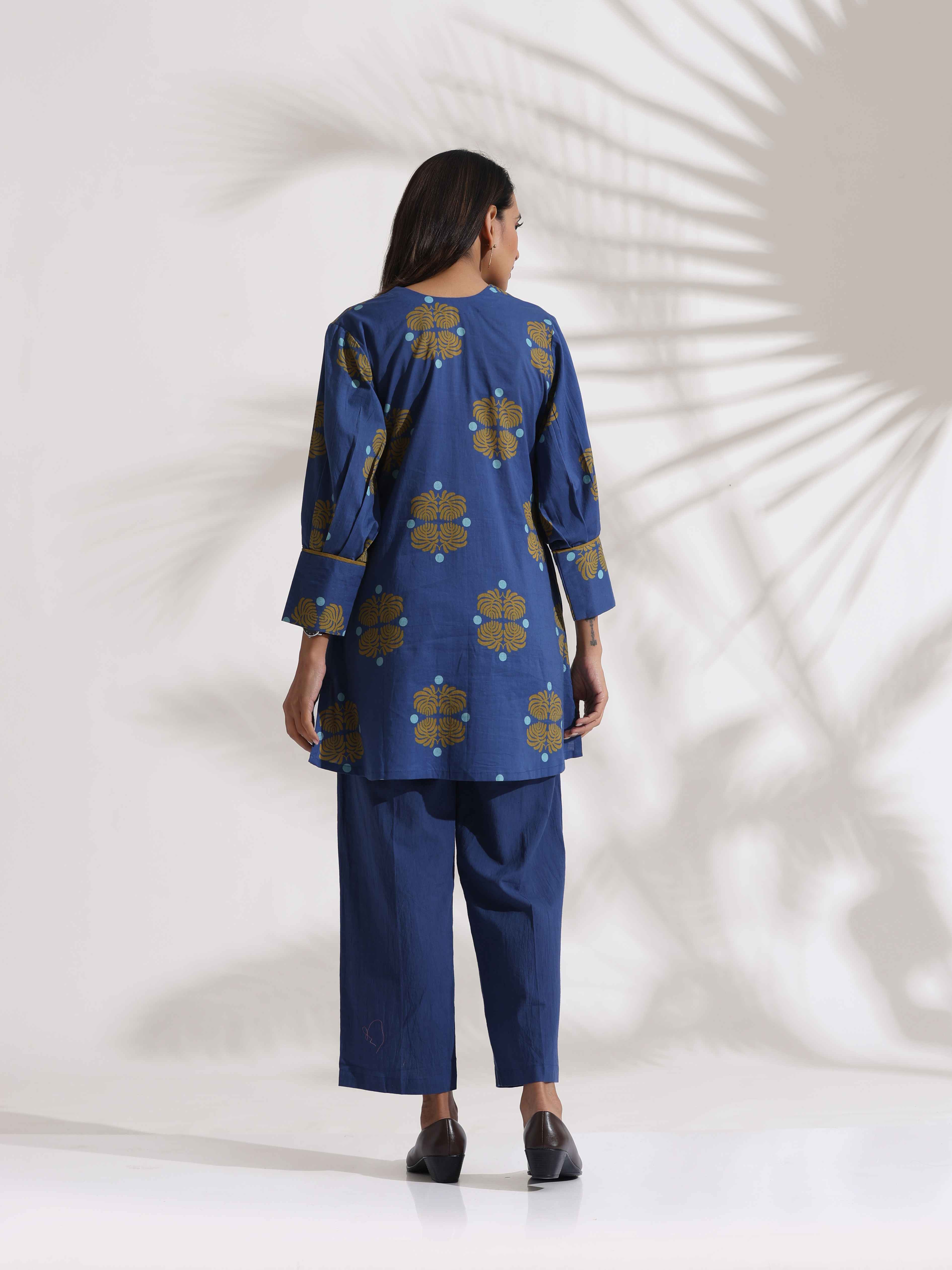 trueBrowns Blue Cotton Print Top & Pants Co-ord Set