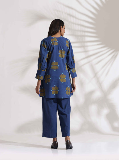 trueBrowns Blue Cotton Print Top & Pants Co-ord Set - Distacart
