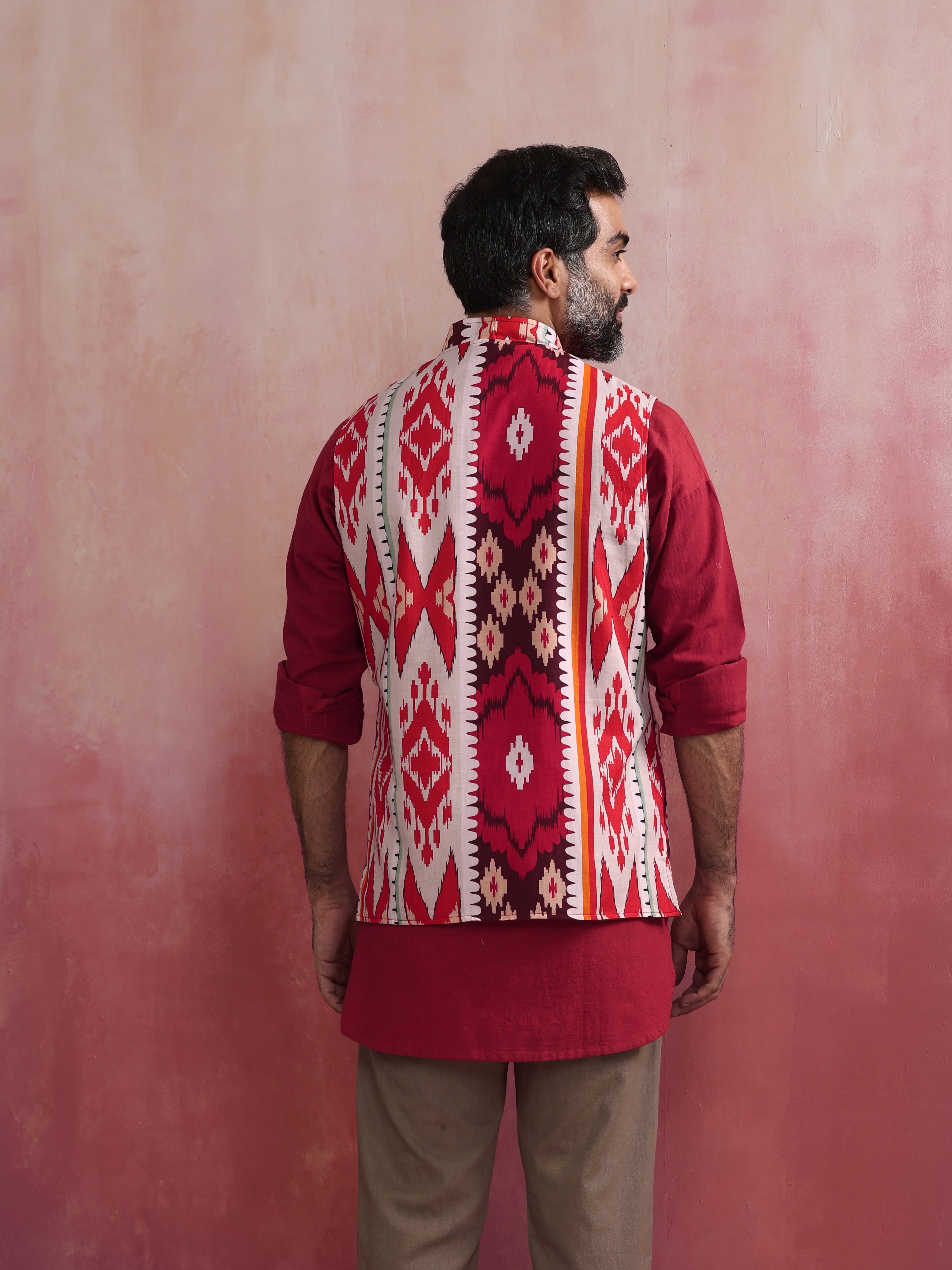 trueBrowns Men's Maroon Ikat Print Cotton Reversible Nehru Jacket