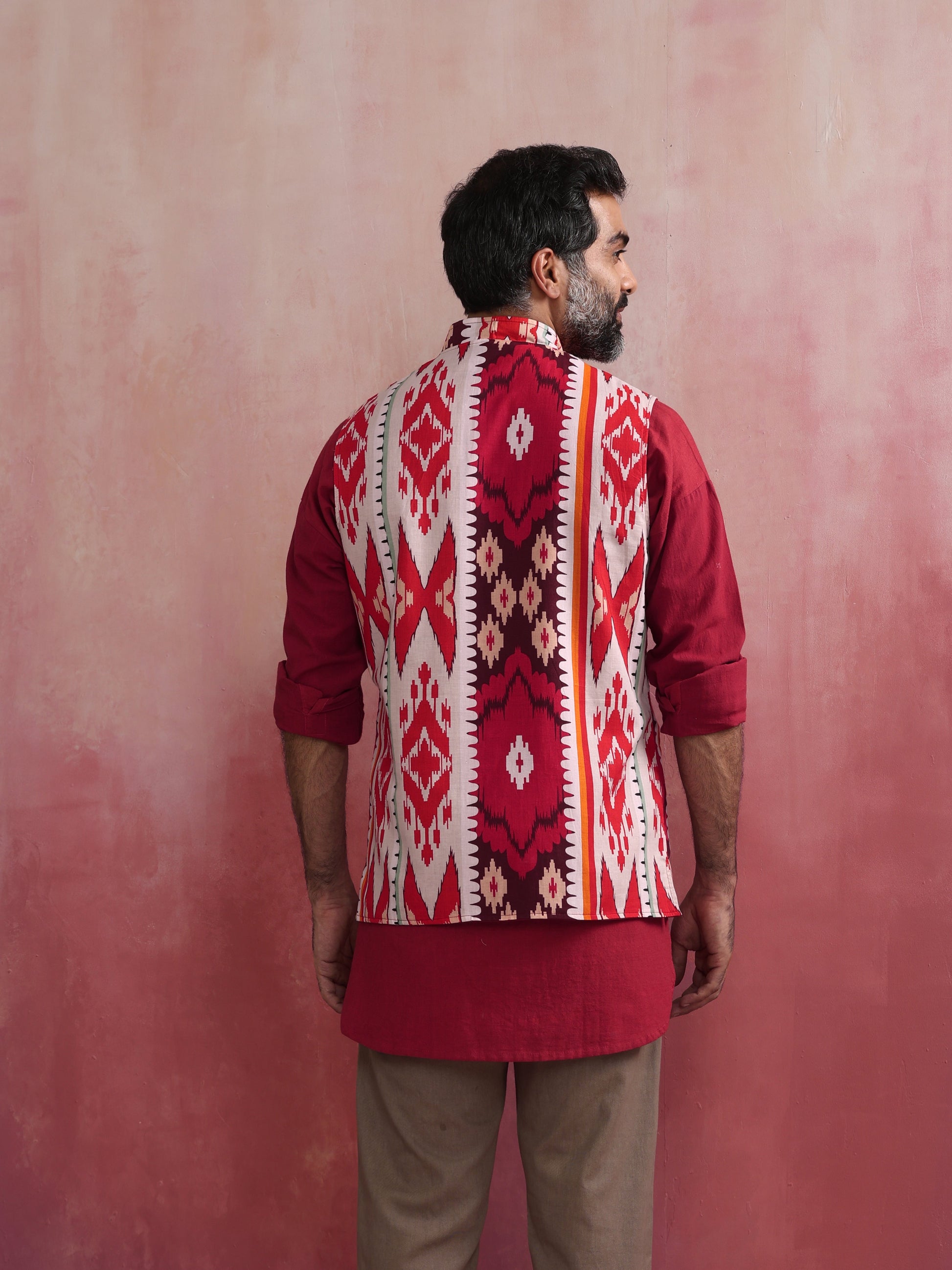 trueBrowns Men's Maroon Ikat Print Cotton Reversible Nehru Jacket - Distacart