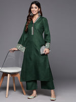 Thumbnail for Varanga Women Green Embroidered Long & Flared Sleeves Kurta With Tonal Bottom - Distacart