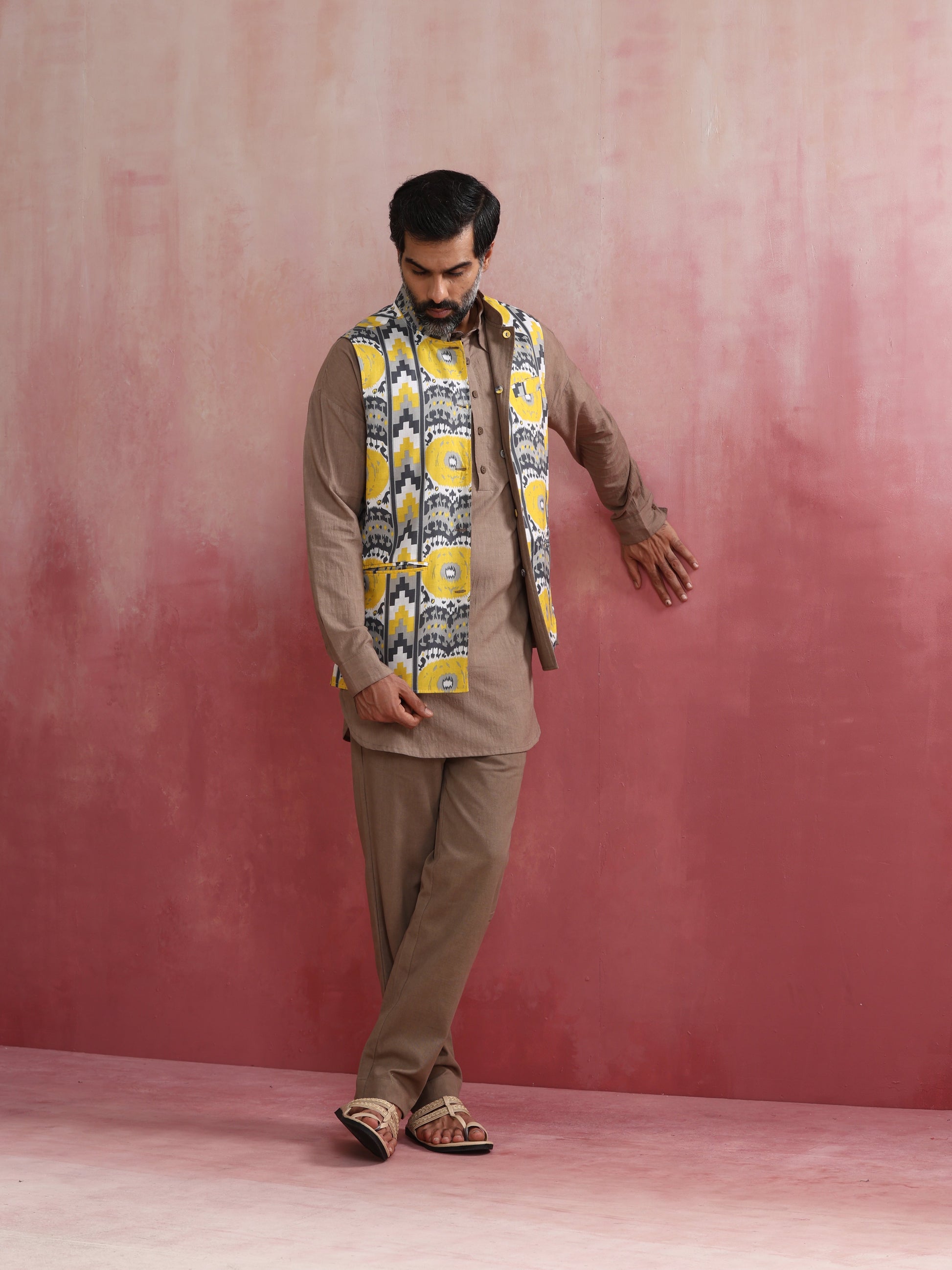trueBrowns Men's Grey Ikat Print Cotton Reversible Nehru Jacket - Distacart