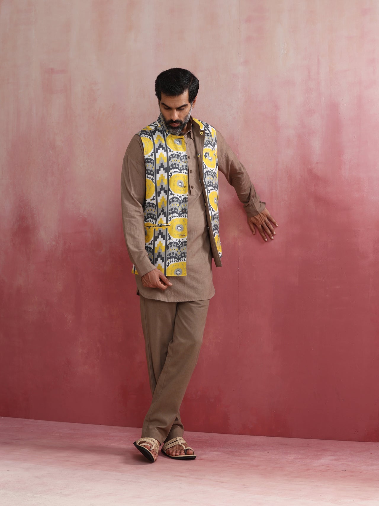 trueBrowns Men's Grey Ikat Print Cotton Reversible Nehru Jacket