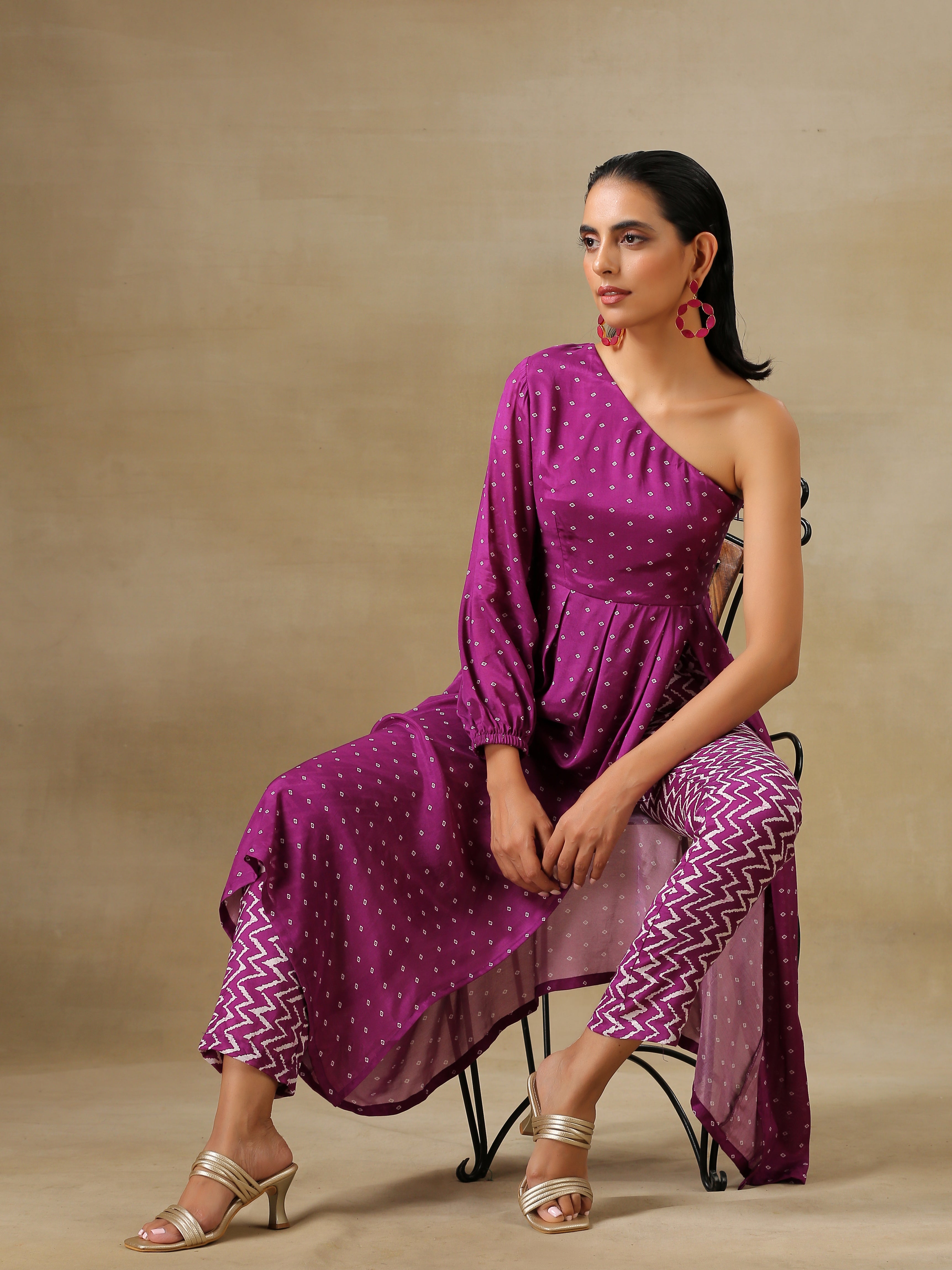 trueBrowns Purple Bandhani Printed Silk One Shoulder Kurta Pant Set - Distacart