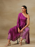 Thumbnail for trueBrowns Purple Bandhani Printed Silk One Shoulder Kurta Pant Set - Distacart