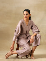 Thumbnail for trueBrowns Grey Textured Silk Neck Pleat Co-Ord Set - Distacart