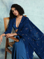 Thumbnail for trueBrowns Blue Embroidered Velvet Ready to Wear Saree - Distacart