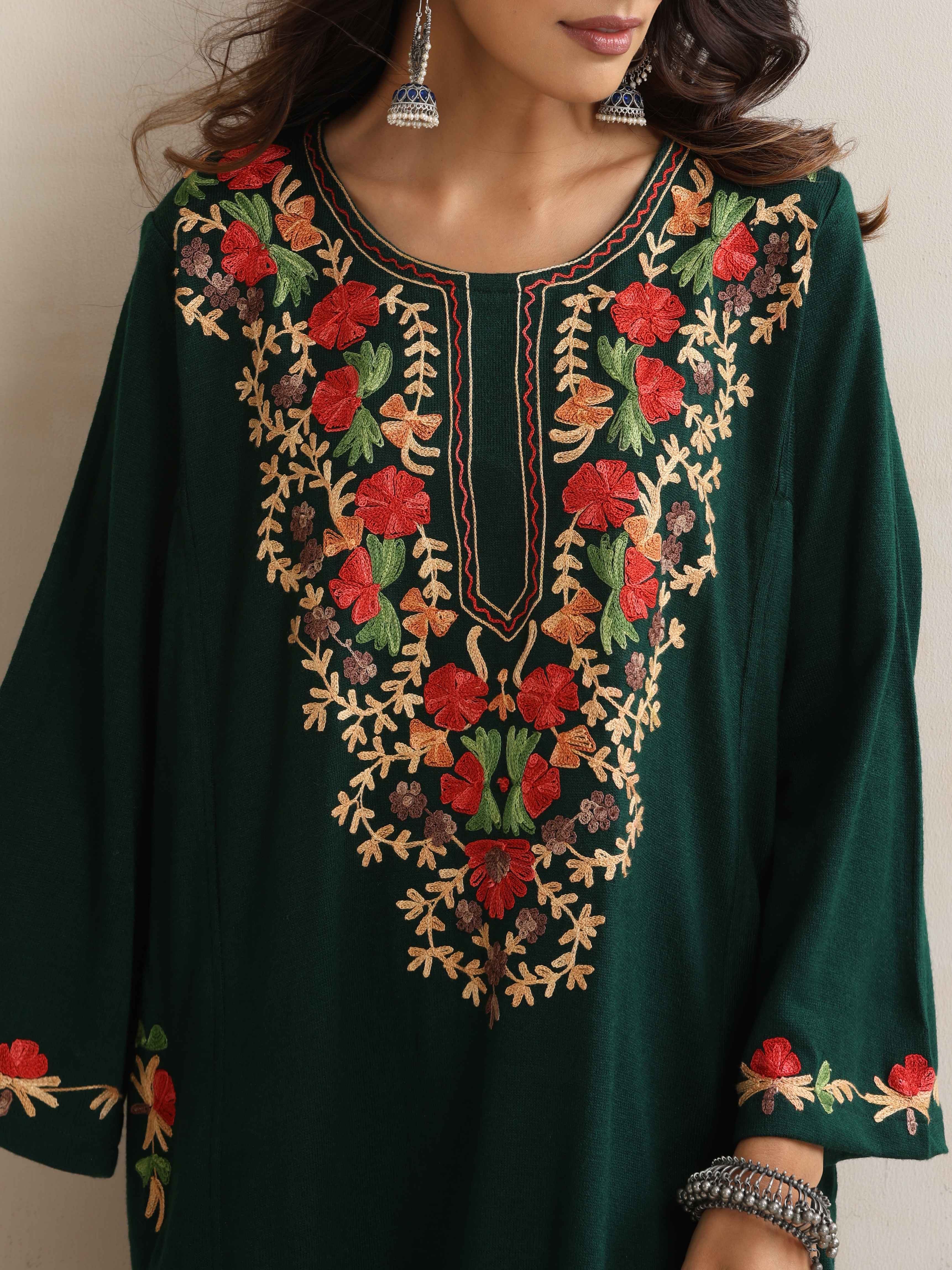 trueBrowns Green Kashmiri Floral Embroidered Woollen Phiran Kurta - Distacart