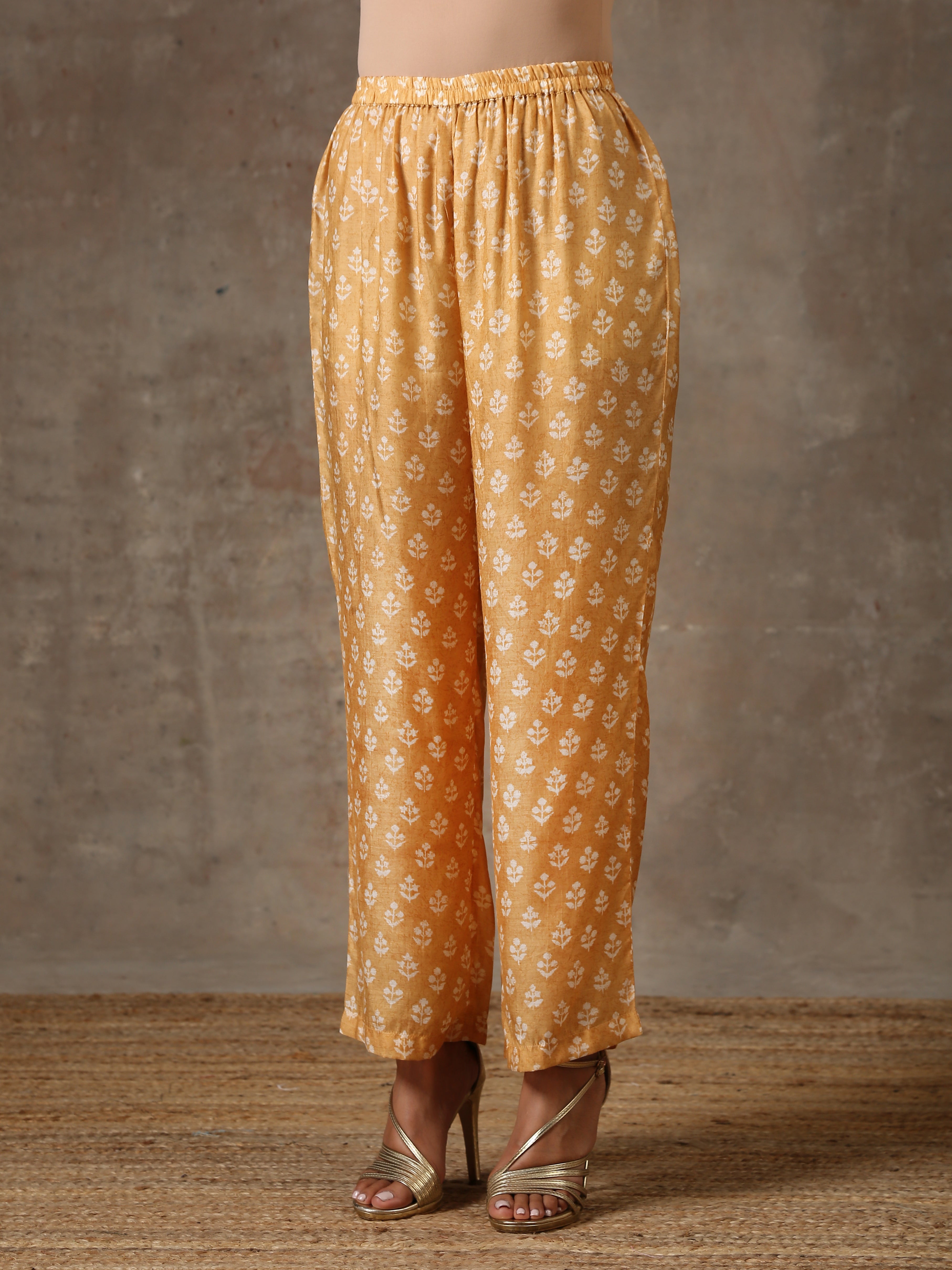 trueBrowns Beige White Flared Printed Silk Kurta Pant Set - Distacart