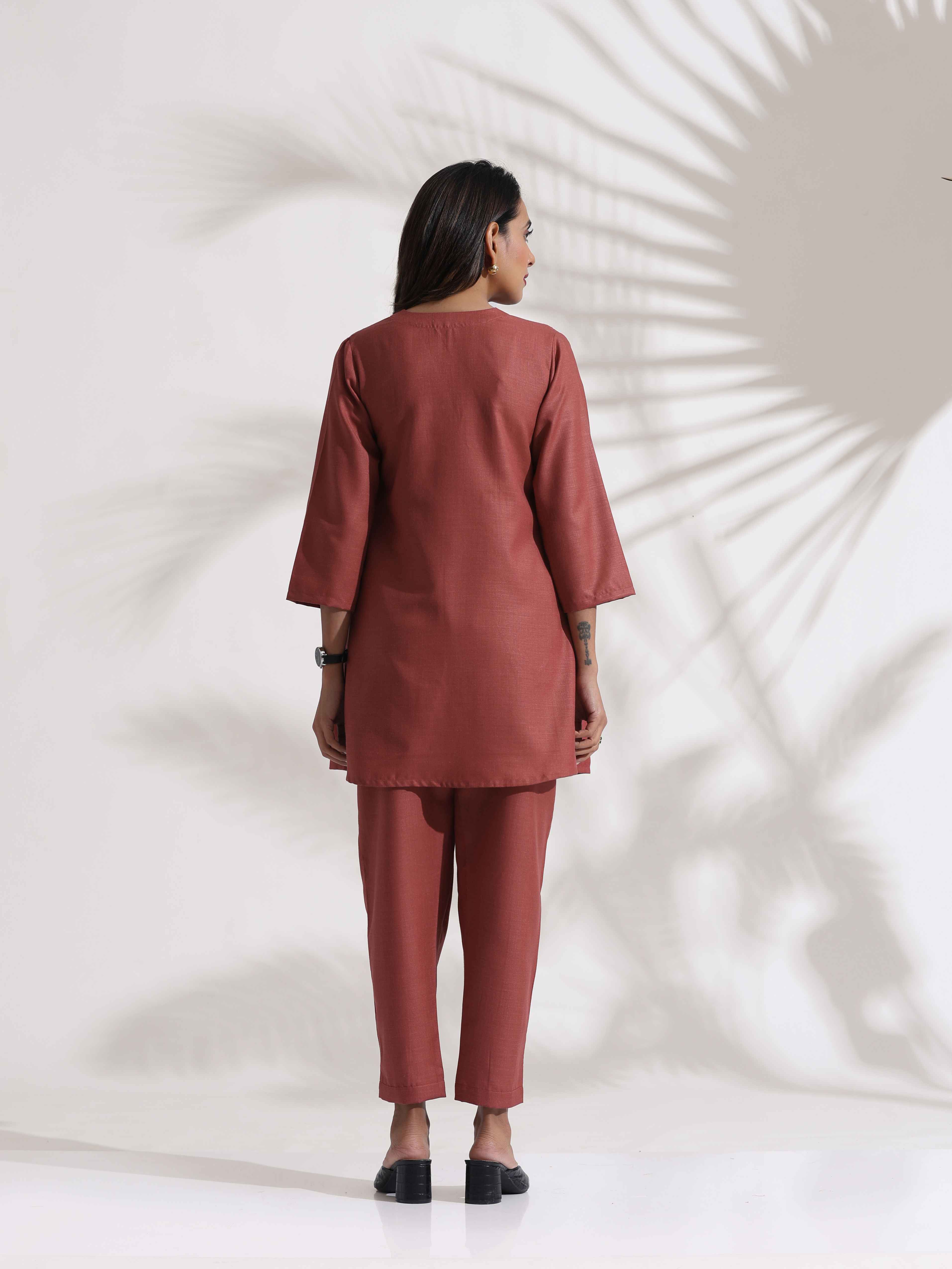 trueBrowns Pink Slub Pleated Co-ord Set