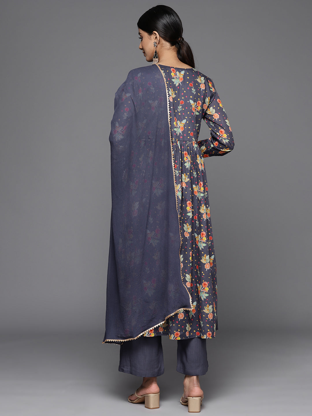 Varanga Women Violet Sequin Embellished V-Neck A-Line Kurta Paired With Tonal Bottom Amd Dupatta - Distacart