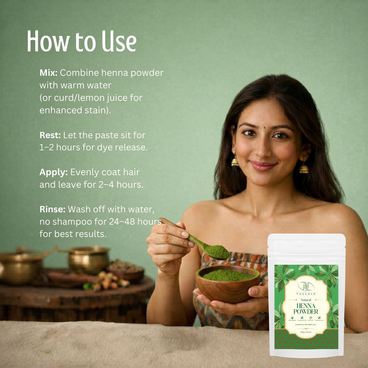Velleja Herbal Henna Powder for Natural Hair Colour | Enriched with Amla, Bhringraj & Shikakai - Dista