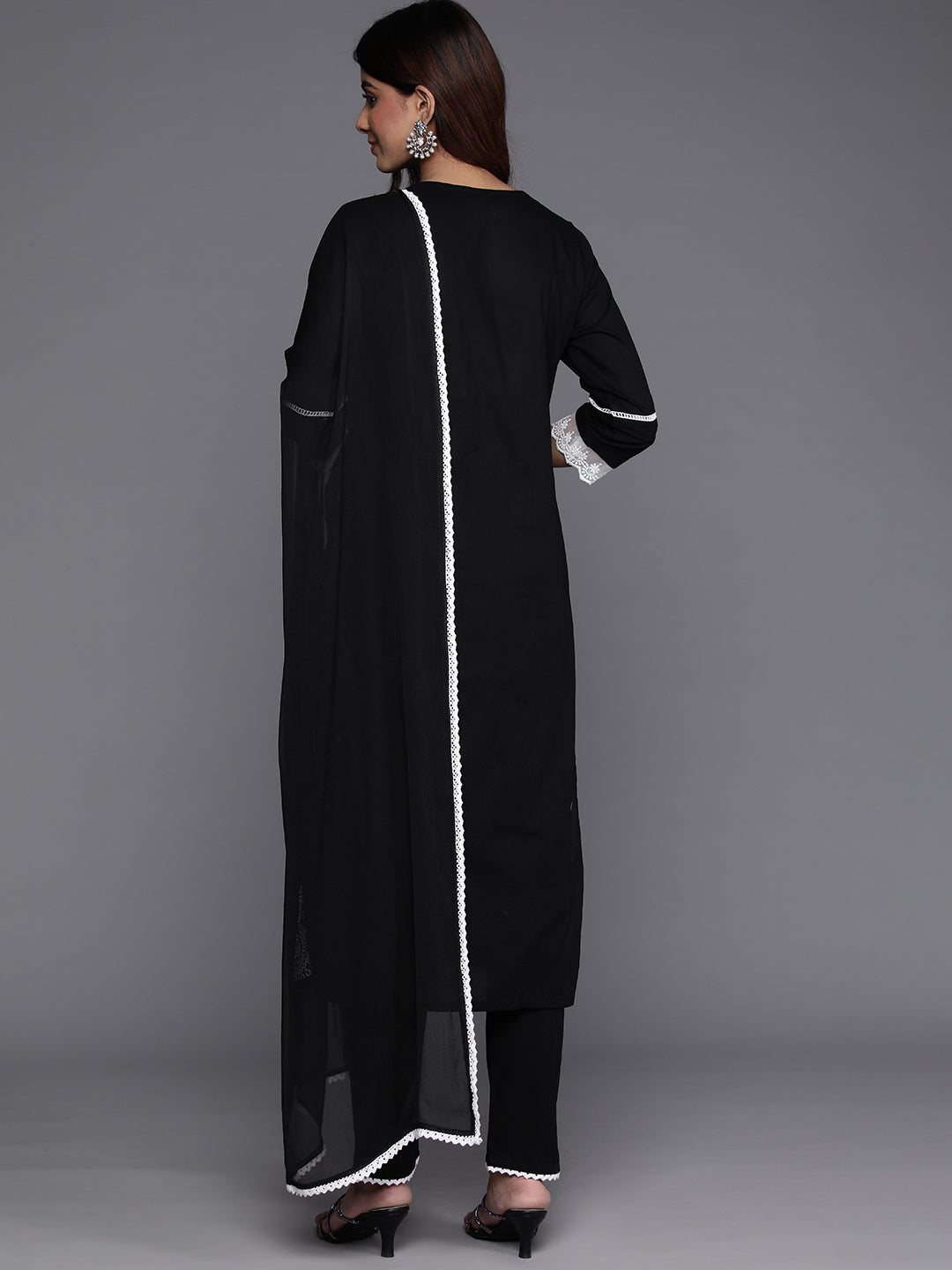 Varanga Women Black Thread Embroidered Straight Kurta With Bottom And Dupatta - Distacart