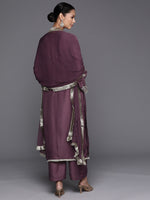 Thumbnail for Varanga Mauve V-Neck Yoke Embroidered Straight Kurta With Fringes Hem Paired With Tonal Bottom And Tonal Dupatta With Fringes