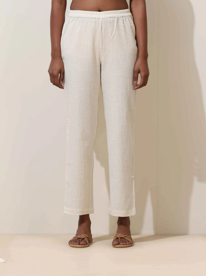 trueBrowns Off-White Cotton Linen Kurta Co-Ord Set - Distacart