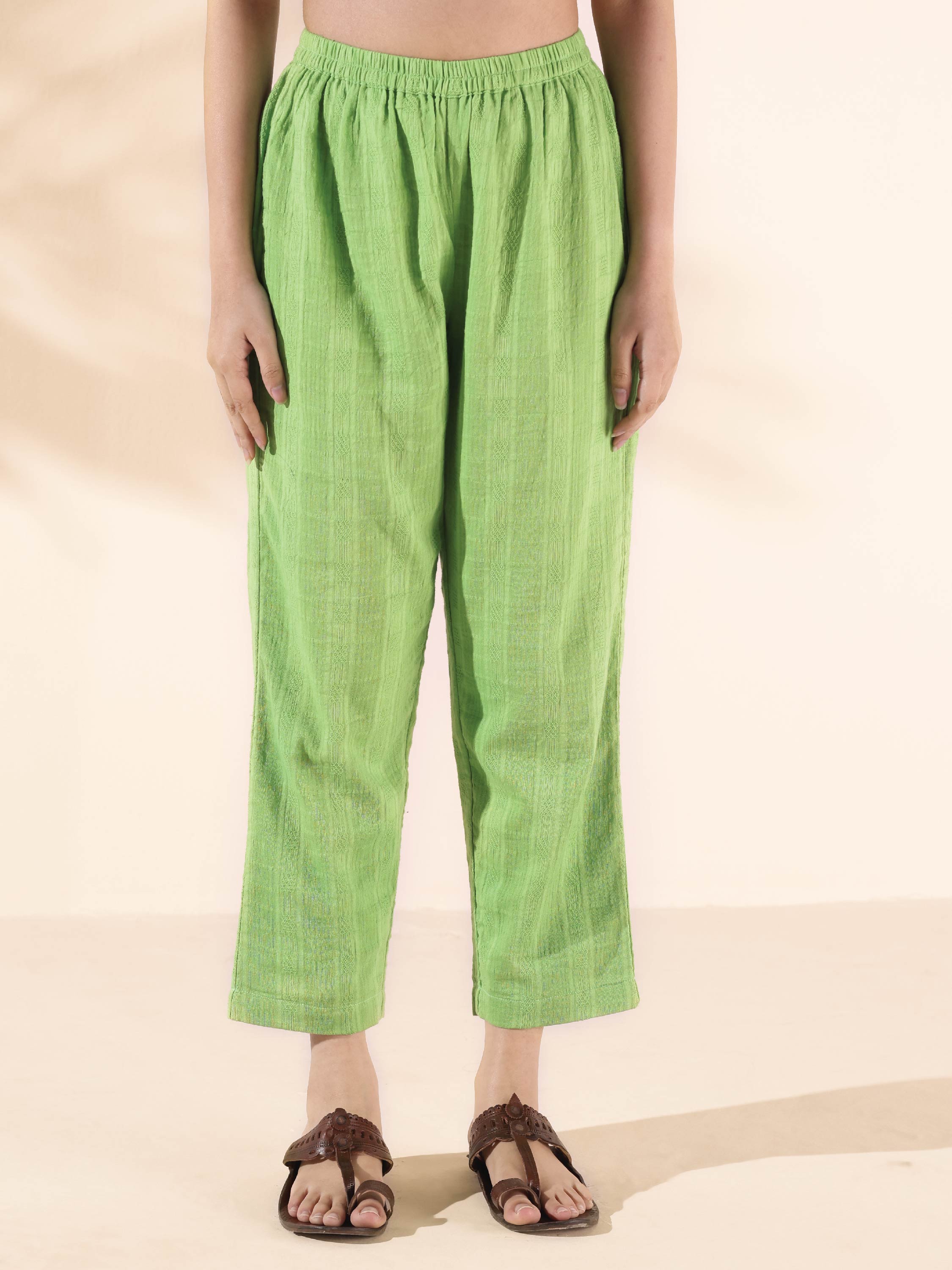 trueBrowns Green Cotton Dobby Sleeveless Kurta Pant Set - Distacart