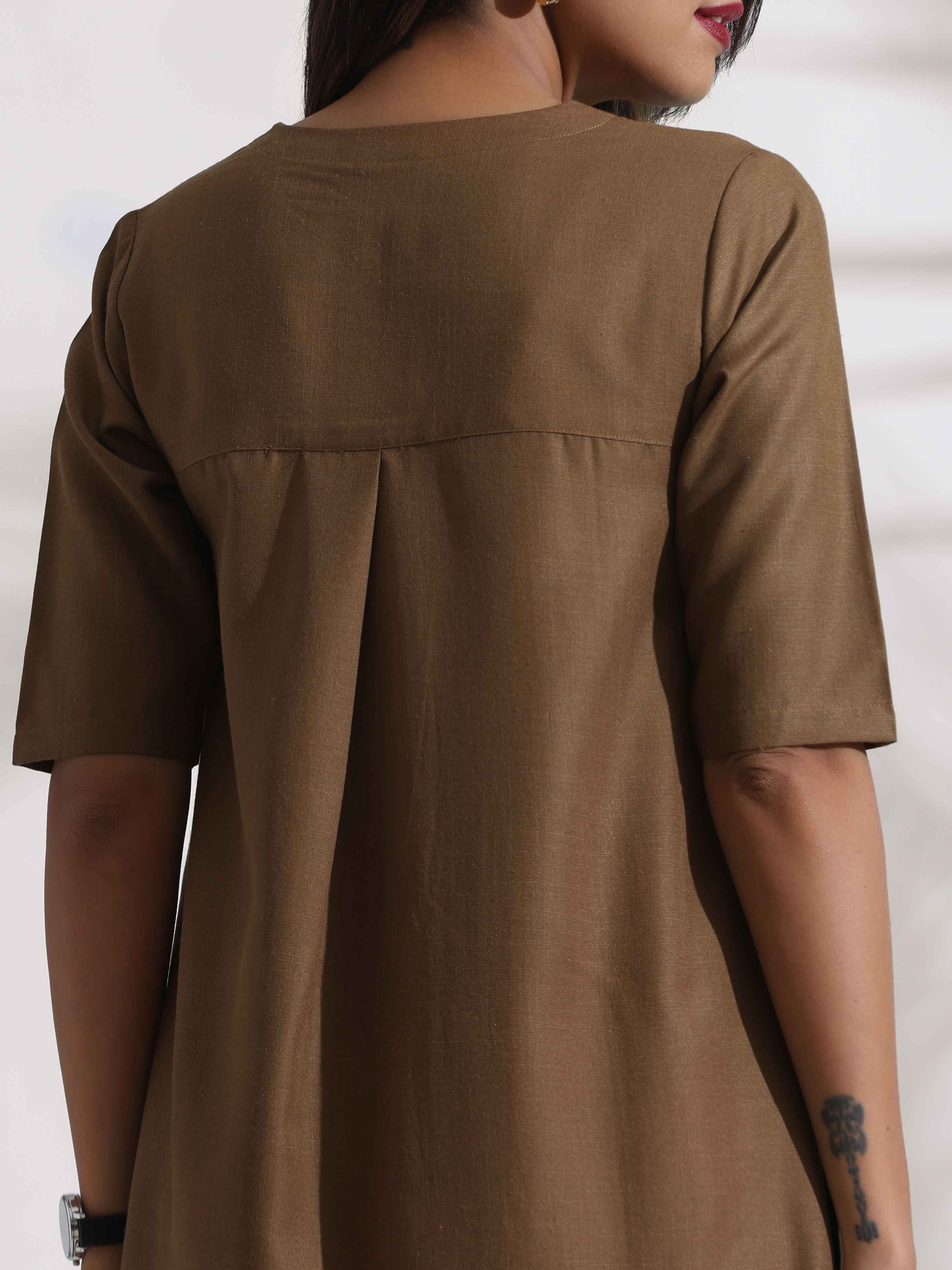 trueBrowns Brown Slub Highslit Kurta Set