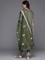 Thumbnail for Varanga Women Olive Embroidered Kurta Paired With Tonal Trouser And Dupatta - Distacart