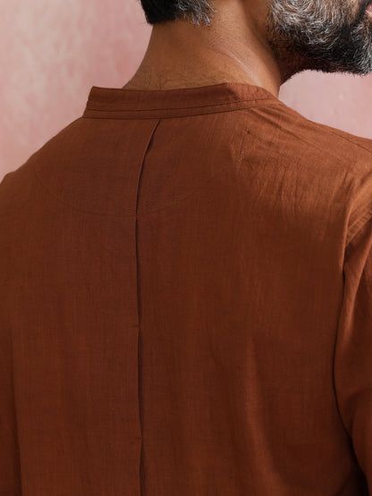 trueBrowns Men's Brown Cotton Mandarin Collar Stylized Kurta - Distacart