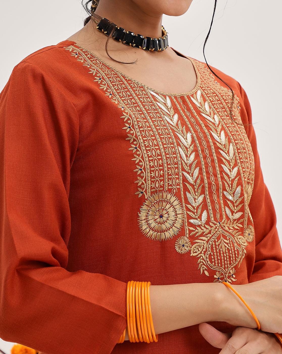 Varanga Women Rust Yoke Embroidered Straight Kurta Paired With Tonal Bottom And Contrast Printed Dupatta - Distacart