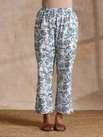 Thumbnail for trueBrowns White With Overall Blue Print Cotton Angrakha Kurta Pant Set - Distacart