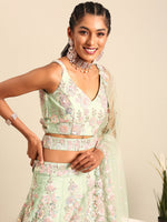 Thumbnail for House of Panchhi Lime Green Net Sequins with heavy Zarkan embroidery Lehenga choli & Dupatta - Distacart