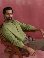Thumbnail for trueBrowns Men's Pista Green Cotton Mandarin Collar Stylized Kurta - Distacart