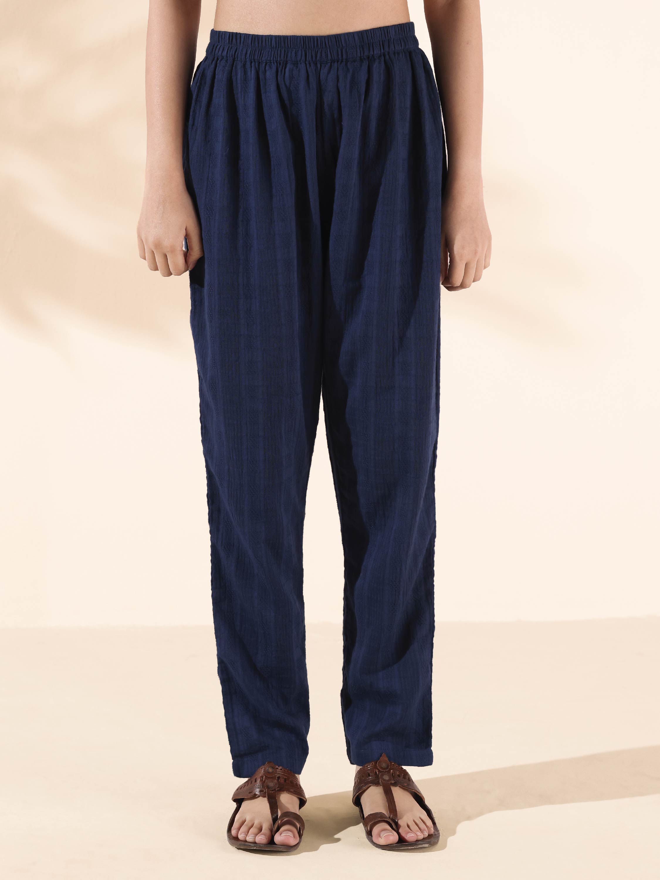 trueBrowns Blue Cotton Dobby Kurta Pant Set - Distacart