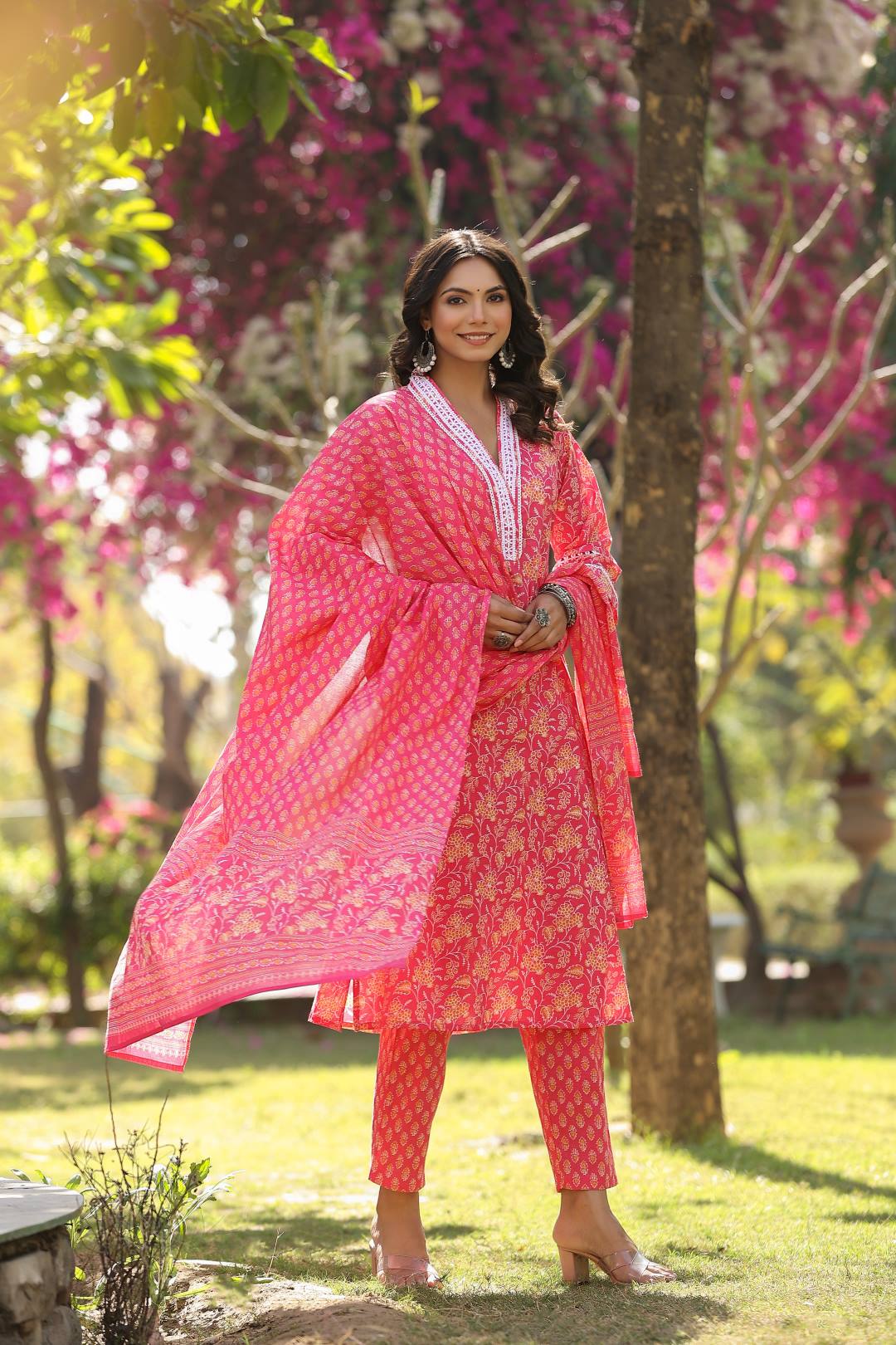 Varanga Women Pink V Neck Crochet Lace Detailed Kurta With Printed Bottom And Dupatta - Distacart