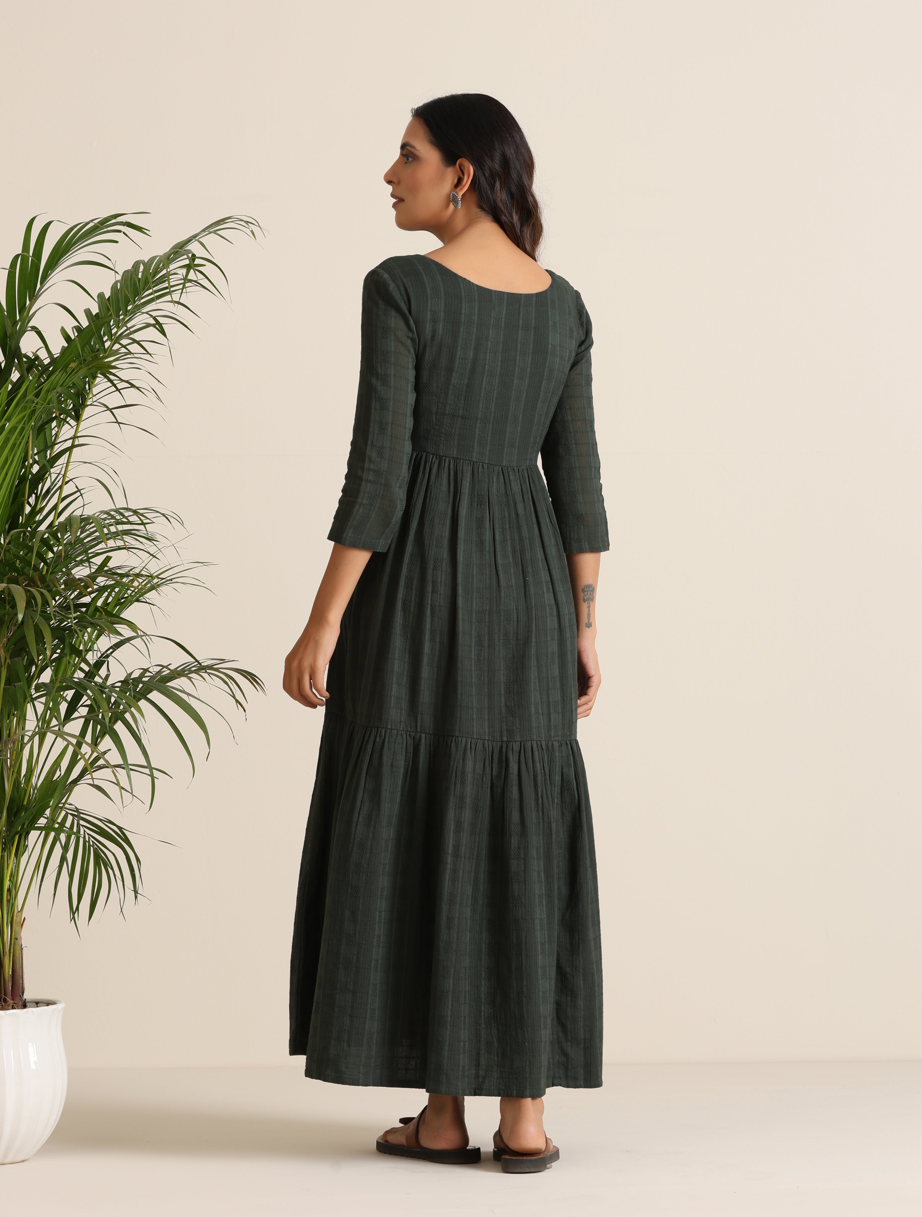 trueBrowns Charcoal Cotton Dobby Tiered Dress - Distacart