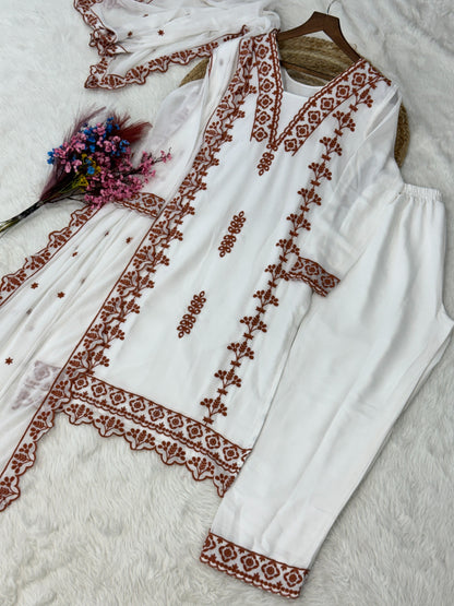 Anaita Brown&White Georgette Readymade Suit with Thread Embroidery Work - Dista