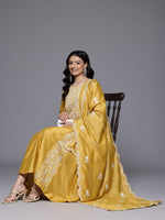 Thumbnail for Varanga Women Yellow Floral Thread Embroidered Anarkali Kurta Paired With Bottom And Dupatta - Distacart